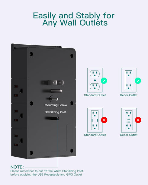 Addtam Multi Plug Outlet Surge Protector Wall Mount with 12 Outlet Extender, 3 USB Ports, Black Power Strip