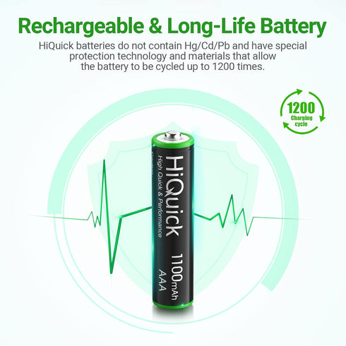 HiQuick 8 Charger,1.2V 1100mAh 16 Pack Rechargeable AAA Batteries with Bay Battery Low Self-Discharge Ni-MH AAA
