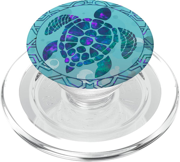 PopSockets PopGrip for MagSafe - Teal Blue Purple Turtle and Geometric design On Light Blue