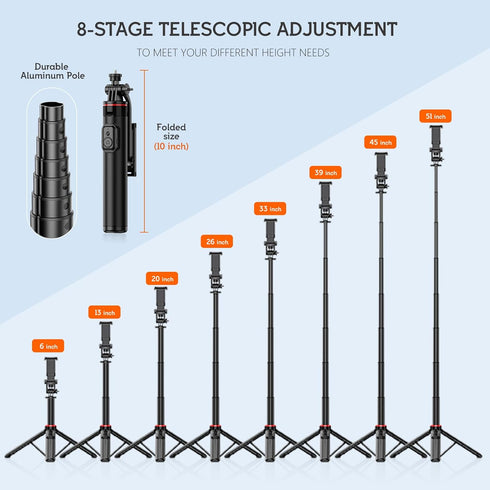 51” Selfie Stick Tripod, Aluminum Alloy Integrated Smartphone Tripod Stand with Wireless Remote Control for