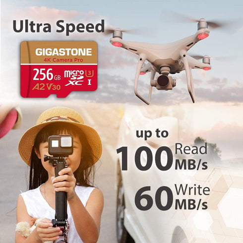 Gigastone 256GB Micro SD Card, 4K Camera Pro, A2 V30 for Smartphone, Gopro, Action Cams, Up to 100MB/s, with Adapter