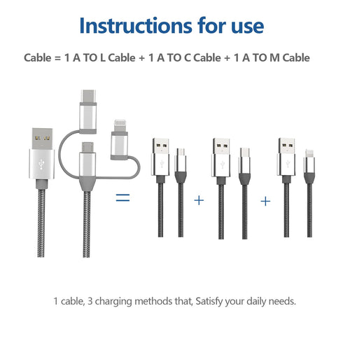 Apple MFi Certified 3.4ft 3-in-1 Charging Cord Adapter for iPhone 15/14, iPad, Samsung Galaxy, Huawei, and more.