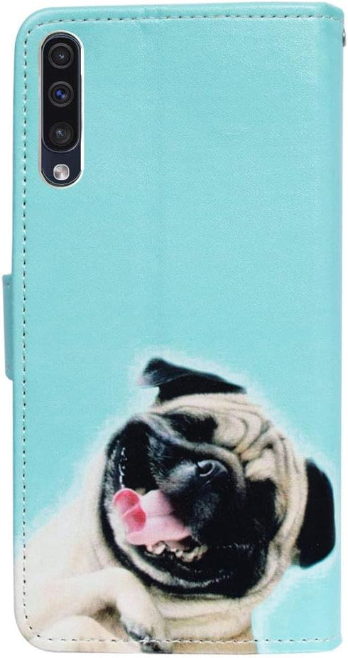 Case for Galaxy A50, Funny Pug Dog Flip Leather Cover with Credit Card Slot