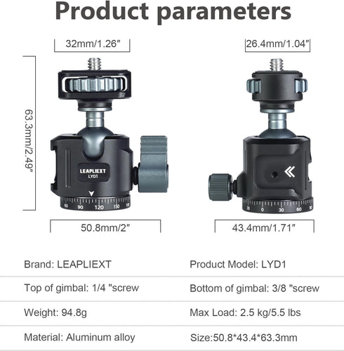 LEAPLIEXT 360 1/4-inch 2.5kg/5.5 lbs Tripod Metal Ball Head, Panoramic Rotating Base Adapter, with Screw and Cold Shoe