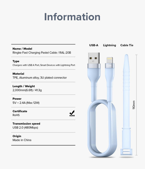 Ringke USB A to Lightning Charger Cable (2M / 6.56 FT) for Fast Charging, High Speed Data Transfer, Compatible with