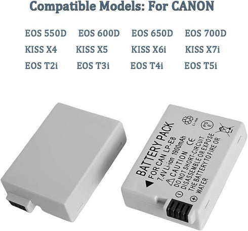 LP-E8 Rechargeable Lithium Ion Battery Pack, 2-Pack for Canon EOS Rebel T2i, T3i, T4i, T5i, 600D, 700D