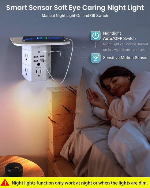 Wall Outlet Extender with Shelf and Night Light, Surge Protector, USB Wall Charger with 5 AC Outlets