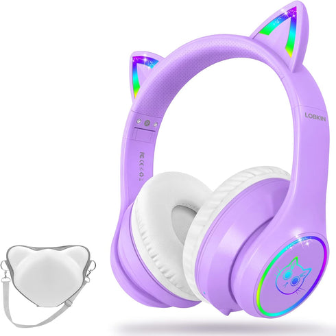 LOBKIN Bluetooth 5.3 Kids Headphones with Case - Foldable Adjustable Over Ear Headphones with RGB LED Cat Ears