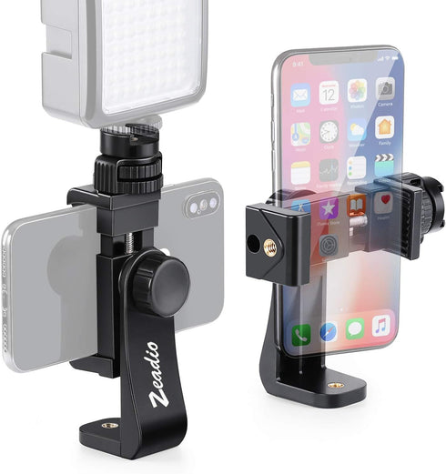 Zeadio Tripod Smartphone Mount, Cell Phone Holder Adapter Clamp with Cold-Shoe Mount, Fits All iPhone and Android