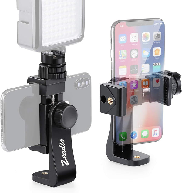 Zeadio Tripod Smartphone Mount, Cell Phone Holder Adapter Clamp with Cold-Shoe Mount, Fits All iPhone and Android