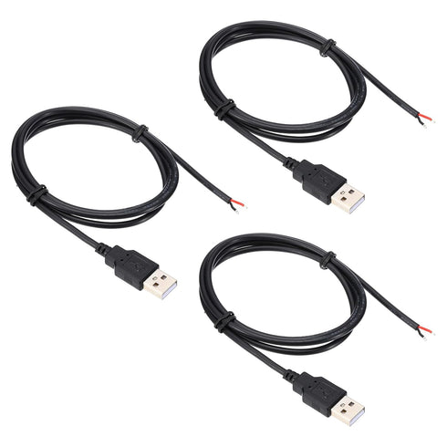 PATIKIL 1M/3Ft 5V 3A USB Pigtail Extension Power Cable, 3 Pcs Black 22AWG USB Plug to 2 Pin Bare Wire Connector for DIY