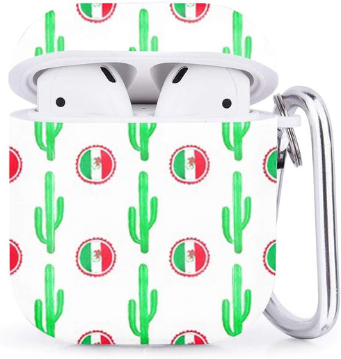 Compatible with Airpods 2 & 1, Shockproof TPU Gel Portable Protection Case with Carabiner Clip (Cactus Flag)