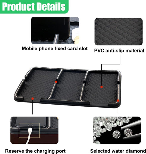 GAOLAOSY Bling Rhinestone Car Dashboard Mat, Anti-Slip Auto Dash Tray, Strong Gripping Vehicle Smartphone Holder Pad