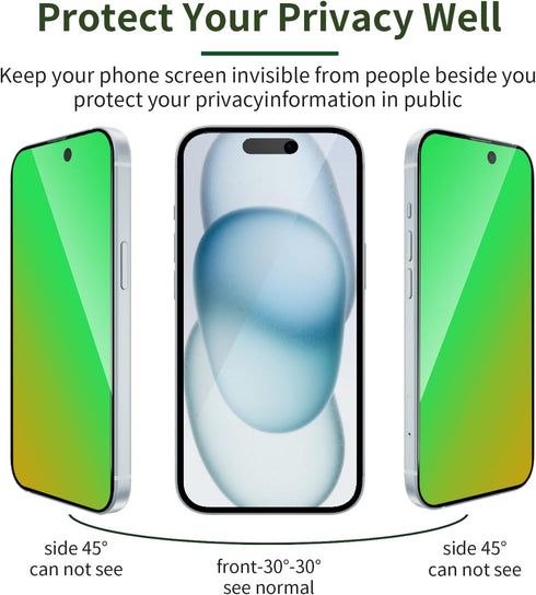 iPhone 15 Privacy Screen Protector 2 Pack - 6.1" Tempered Glass, Gradient Green, Anti-Spy, Anti-Blue Light, Bubble-Free.
