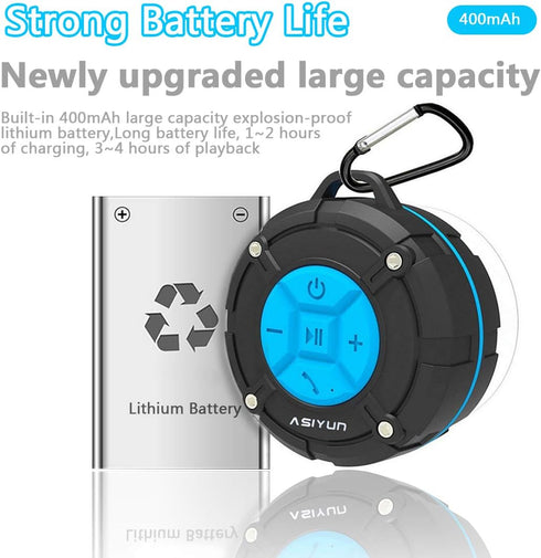 IPX7 Waterproof Shower Speaker - Bluetooth Speaker with Loud HD Sound, Portable with Suction Cup & Hook, Blue