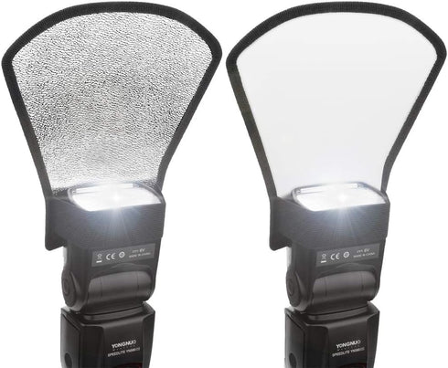 2 Pack Flash Diffuser Reflector Kit - 2-Sided White/Silver Bend Bounce Reflector with Elastic Strap for Speedlight