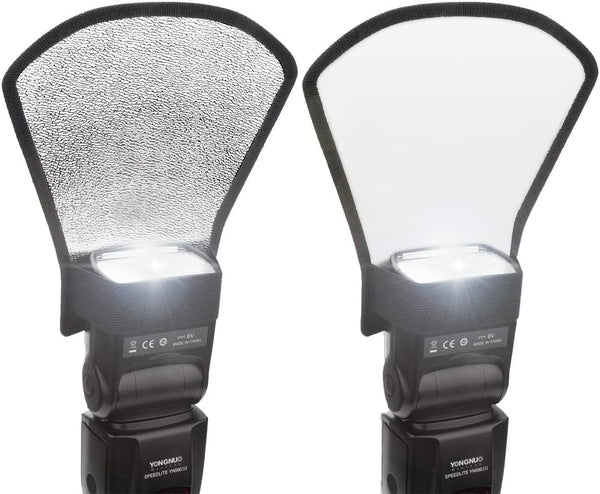 2 Pack Flash Diffuser Reflector Kit - 2-Sided White/Silver Bend Bounce Reflector with Elastic Strap for Speedlight
