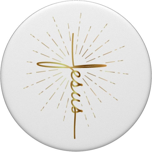 Yellow Beige Jesus Word Cross A Sunburst on White Background PopSockets Grip and Stand for Phones and Tablets