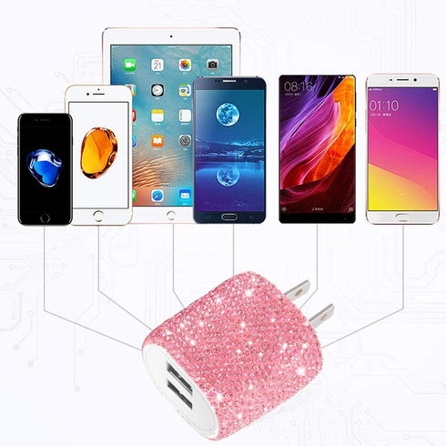 USB Wall Charger Bling 5V/2.4A 24W Dual Port Fast Charger Plug Cell Phone Block Adapter Pink for iPhone Android Samsung