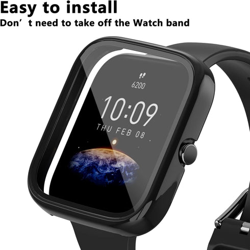 Screen Protector for Amazfit Bip 3/Bip 3 Pro Smartwatch, 2-Pack Hard PC Bumper Full Face Cover Accessories (Black)