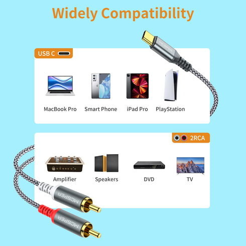 MCSPER 2 6.6 2RCA S23/S22/S21 USB C to RCA Audio Cable, Ft Type-C to RCA Male to Male Y RCA Splitter, Jack USB-C Audio
