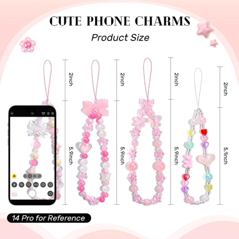 TINKRSTUFF 4 Y2K PCS Cute Phone Charms Aesthetic Cellphone Wrist Strap Bedazzling Bear Bow Butterfly Heart Star Flower