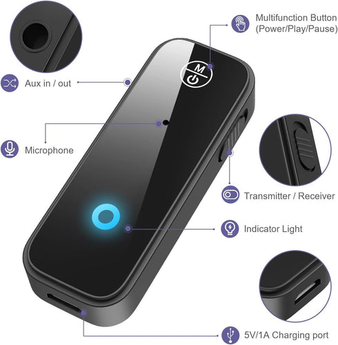 Aux Bluetooth Adapter for Car, 2 in 1 Bluetooth 5.0 Transmitter Receiver for Hands-Free Call, 3.5mm AUX for Home Stereo