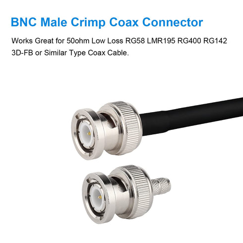 10 Pack 50 Ohm BNC Male Crimp Connector for RG58/RG142/RG400/LMR195/KSR195/3D-FB Cable