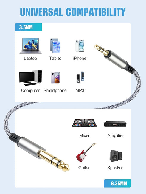 gudxfj 2 Pack 3.5mm 6.35mm 1/8 1/4 6.6ft to Audio Cable to TRS Stereo Cable Guitar Stereo Audio Male Cable with Nylon