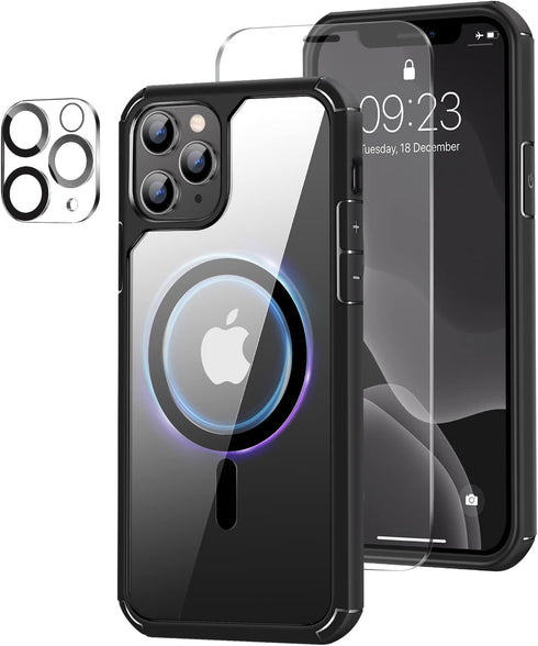 Amizee iPhone 11 Pro Magnetic Case with Screen & Camera Protectors, Clear Back, Shockproof, MagSafe Compatible (Black)