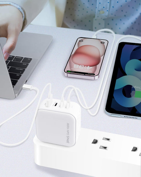 100W USB C GaN Wall Charger, Foldable 4-Port PD USB-C Charger with Traveller Adapters for Phones and Laptops