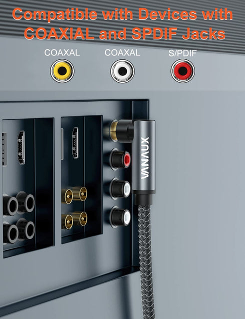 90 Bar,PS4 90, 26ft/8m) VANAUX Degree RCA Cable,Right Angle Subwoofer Cable,Digital Coaxial Audio Cord,Nylon