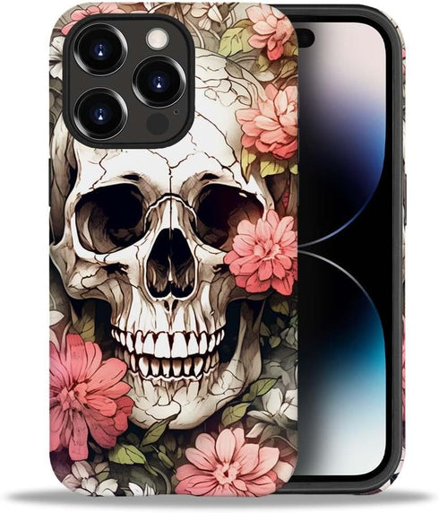 Compatible with iPhone 14 Pro Case, Skull Red Flowers Pattern Print Phone Case, Durable Fashion Funny Liquid Silicone