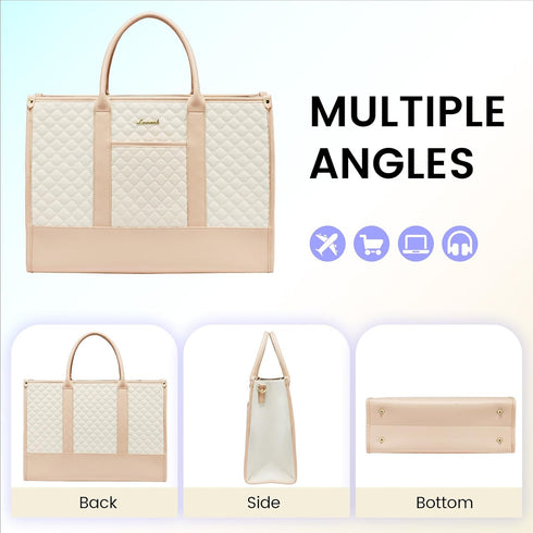 LOVEVOOK 17 Inch Laptop Bags for Women, Waterproof Work Tote Bag with Clutch, Quilted Beige & Brown