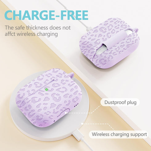 Fashion Engraving Leopard Case Compatible for Airpods Pro 2 Case Cover 2022, Soft Silicone, Front LED Visible, Lavender