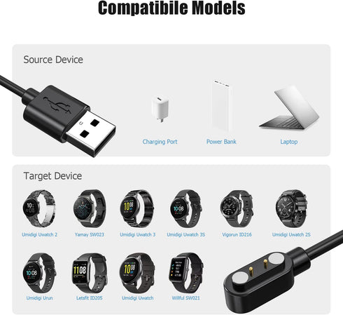 Smartwatch Charger Cable, Magnetic Universal USB Charging Cable for 2.84mm 2-Pin Devices