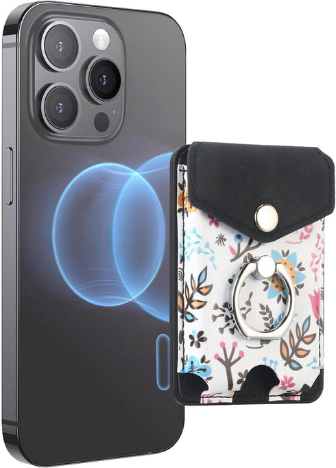 Card Holder for MagSafe Wallet with Ring for iPhone 15/14/13/12 Series, Strong Magnetic Floral Black Wallet Fit 5 Cards