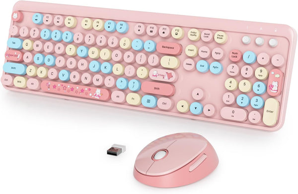 Fogruaden Pink Wireless Keyboard and Mouse, Retro Typewriter 104 Keys Full Size Cute Keyboard with Number Pad