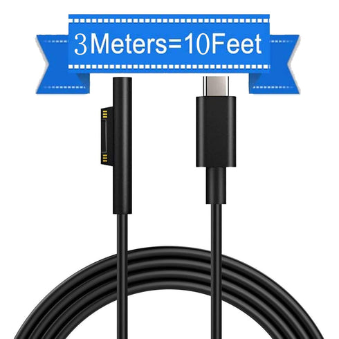 10ft USB-C Charging Cable for Microsoft Surface Pro 7, Go 2, Pro 6, 5/4/3, Laptop 1/2/3 & Book, Black, 45W Compatible.