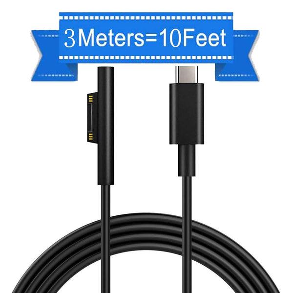 10ft USB-C Charging Cable for Microsoft Surface Pro 7, Go 2, Pro 6, 5/4/3, Laptop 1/2/3 & Book, Black, 45W Compatible.