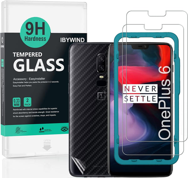 Ibywind Screen Protector for OnePlus 6 with 2Pcs Tempered Glass, 1Pc Backing Carbon Fiber Film, Easy to Install