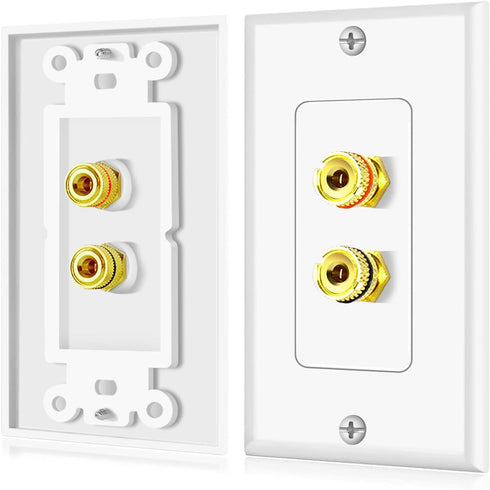TNP 2 Pack Home Theater Speaker Wall Plate Outlet - Gold Plated Copper Banana Plug Binding Post Connector, White