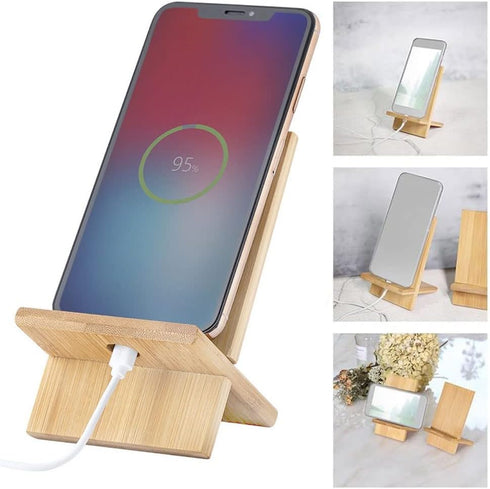 Bamboo Cell Phone Stand with Charging Hole, Detachable Wood Mobile Phone Holder for Desk, Compatible with iPhone iPad
