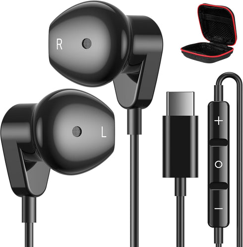 USB C Headphones for iPhone 15 Pro Max/Samsung S24 Ultra, HiFi Stereo USB C Wired Earbuds with Mic - Black