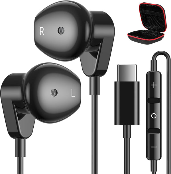 USB C Headphones for iPhone 15 Pro Max/Samsung S24 Ultra, HiFi Stereo USB C Wired Earbuds with Mic - Black