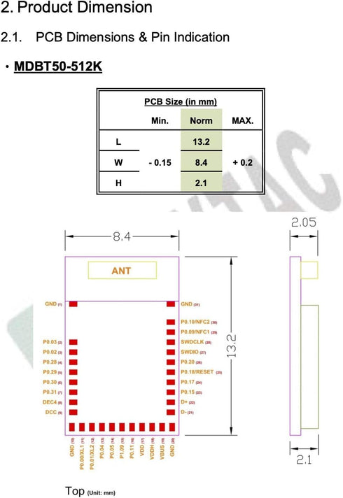 MDBT50-512K Nordic nRF52833 Module - 18 GPIO Chip Antenna Bluetooth Zigbee Thread Module BT5.2 FCC IC CE MIC Telec KC