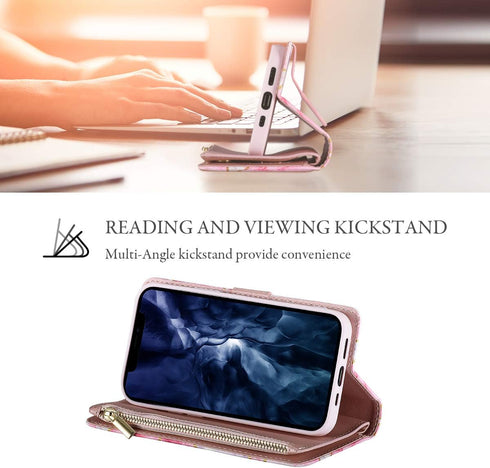 UEEBAI 13 6.1 inch, Wallet Case for iPhone Premium Vintage PU Leather Magnetic Closure Handbag Zipper Pocket Case