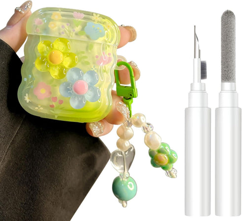for AirPods Case with Cleaner Kit, Cute 3D Curly Wave Frame Flowers Design Preppy Fashion with Keychain, Soft TPU