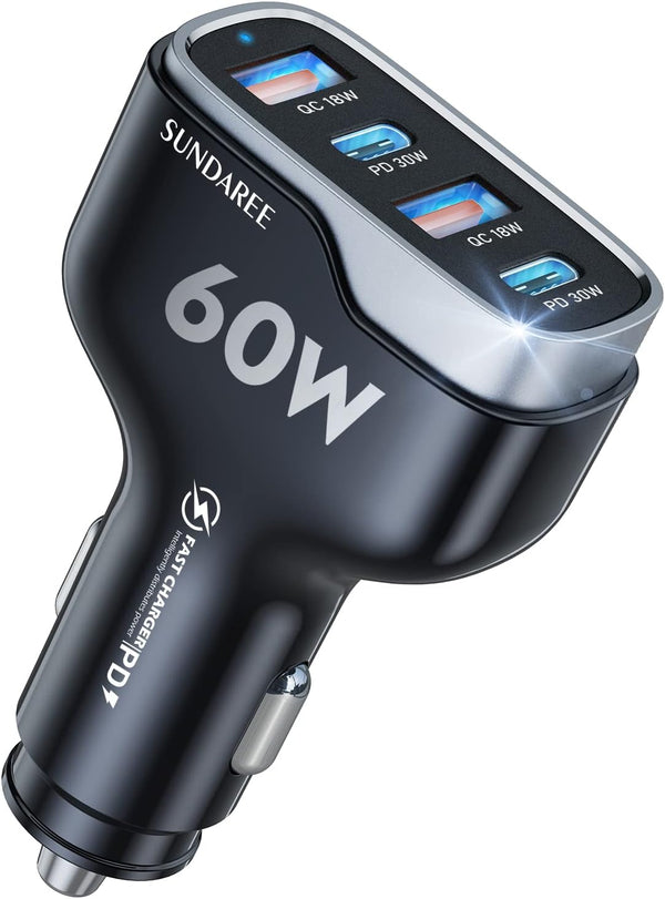 SUNDAREE Super Fast Car Charger, 60W Multiport USB Car Charger, USB C Cigarette Charger for iPhone & Samsung Devices