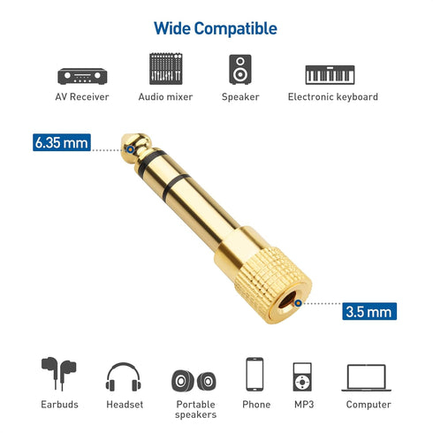 Cable Matters 2-Pack 1/4 to 1/8 Headphone Adapter, 6.35mm to 3.5mm Male to Female, Gold Plated